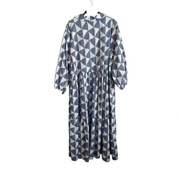 Maeve Anthropologie Bettina Tiered Shirtdress Blue White Geometric Maxi 2X Artsy - Picture 7 of 8